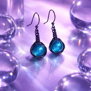 Handmade Blue Stone Wire Wrapped Earrings Artisan Minimalist Jewelry